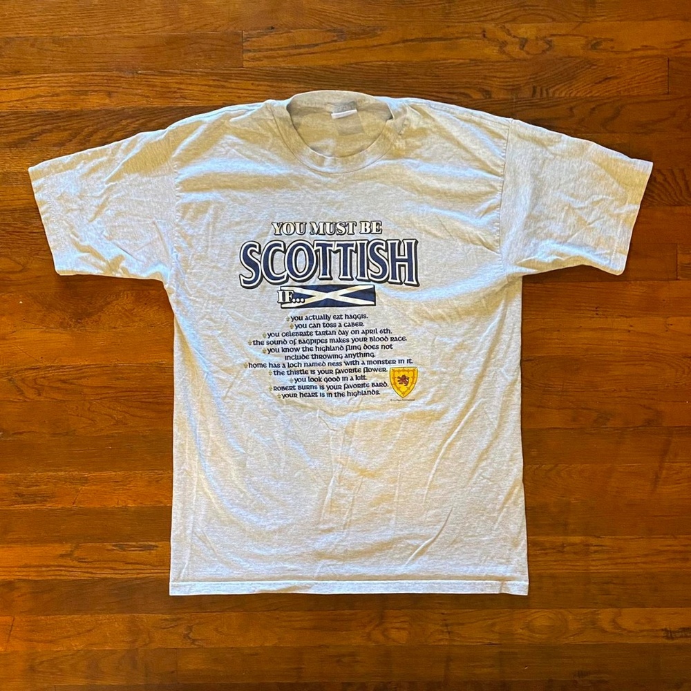 Vintage ‘90s Scotland Scottish Heritage Humor Funny Gray Graphic T-shirt L